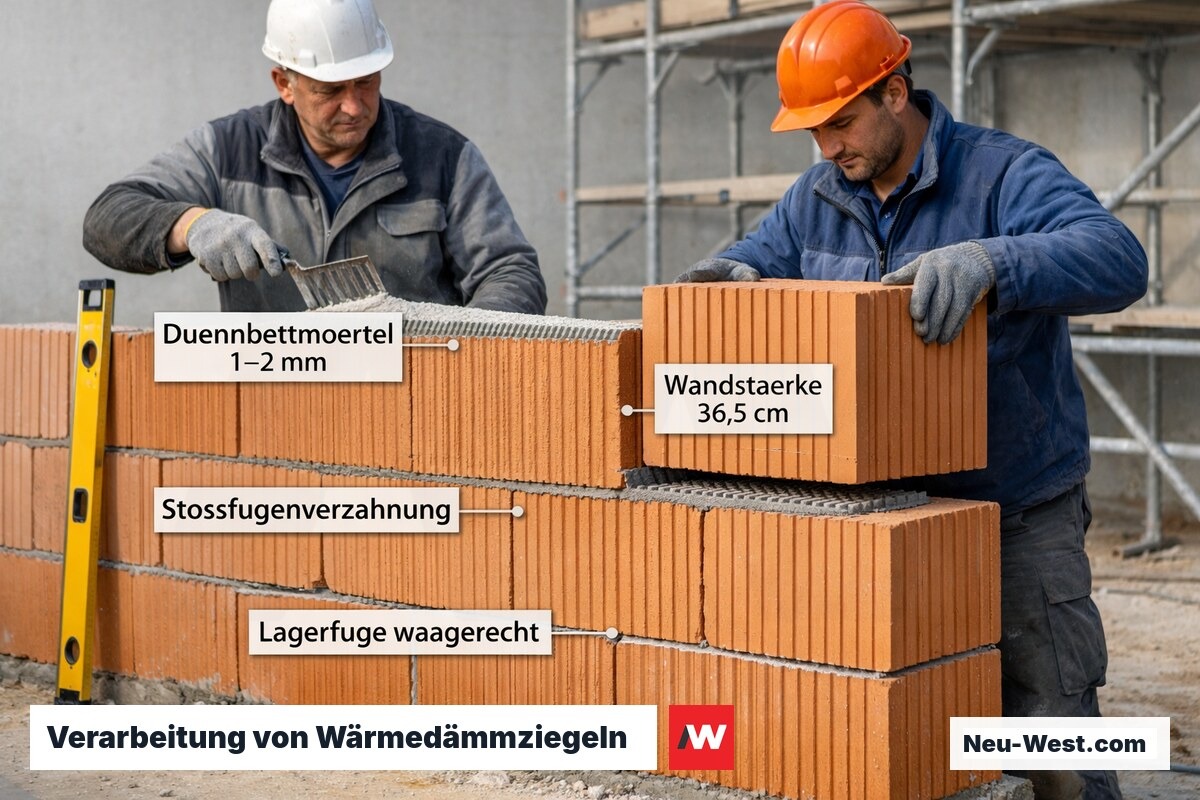 Maurer verlegen großformatige Wärmedämmziegel mit Dünnbettmörtel; Wandstärke und saubere Lagerfugen gut erkennbar