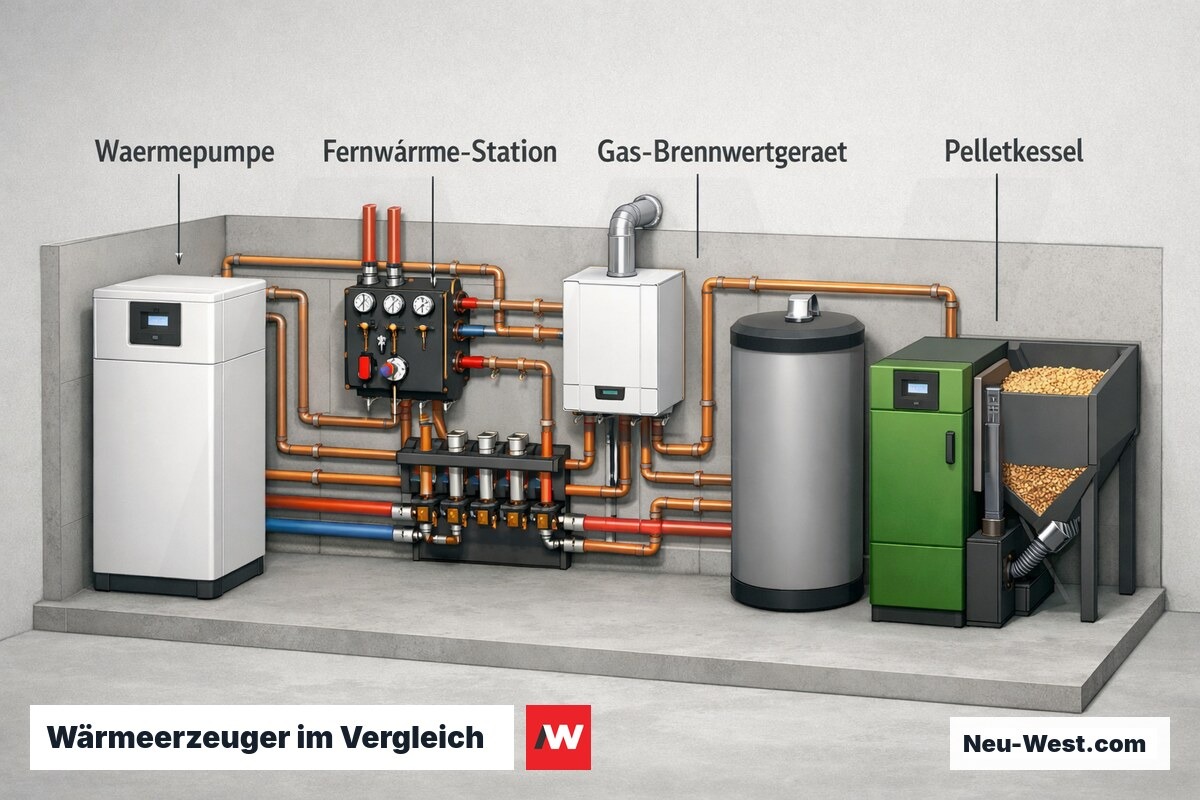 Querschnitt eines Heizraums mit vier Wärmeerzeugern: Wärmepumpe, Fernwärme-Station, Gasheizung und Pelletkessel an zentralem Heizkreisverteiler.