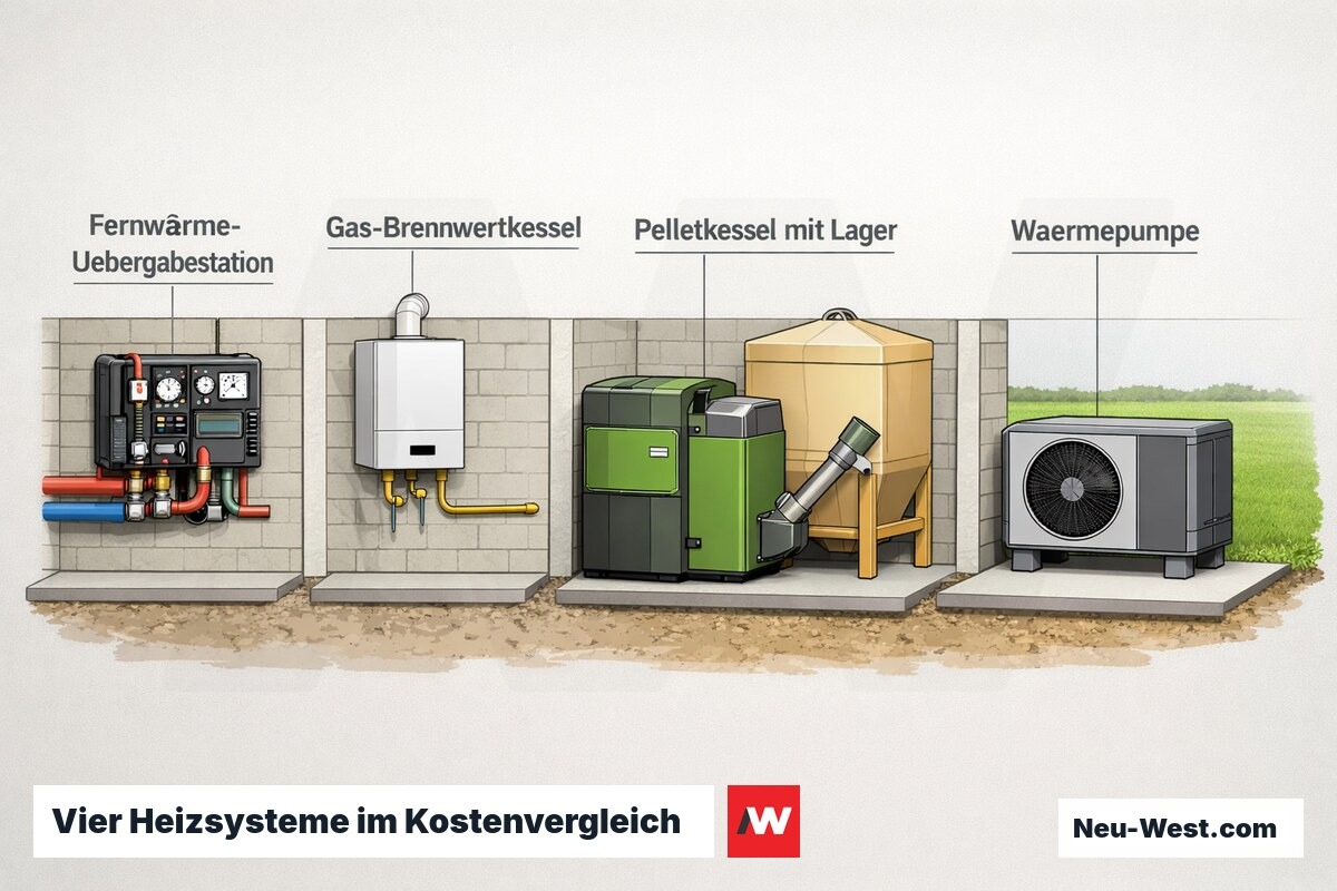 Technische Vergleichsdarstellung von Fernwärme-Übergabestation, Gas-Brennwertkessel, Pelletkessel mit Lager und Wärmepumpe in einem Gebäude.