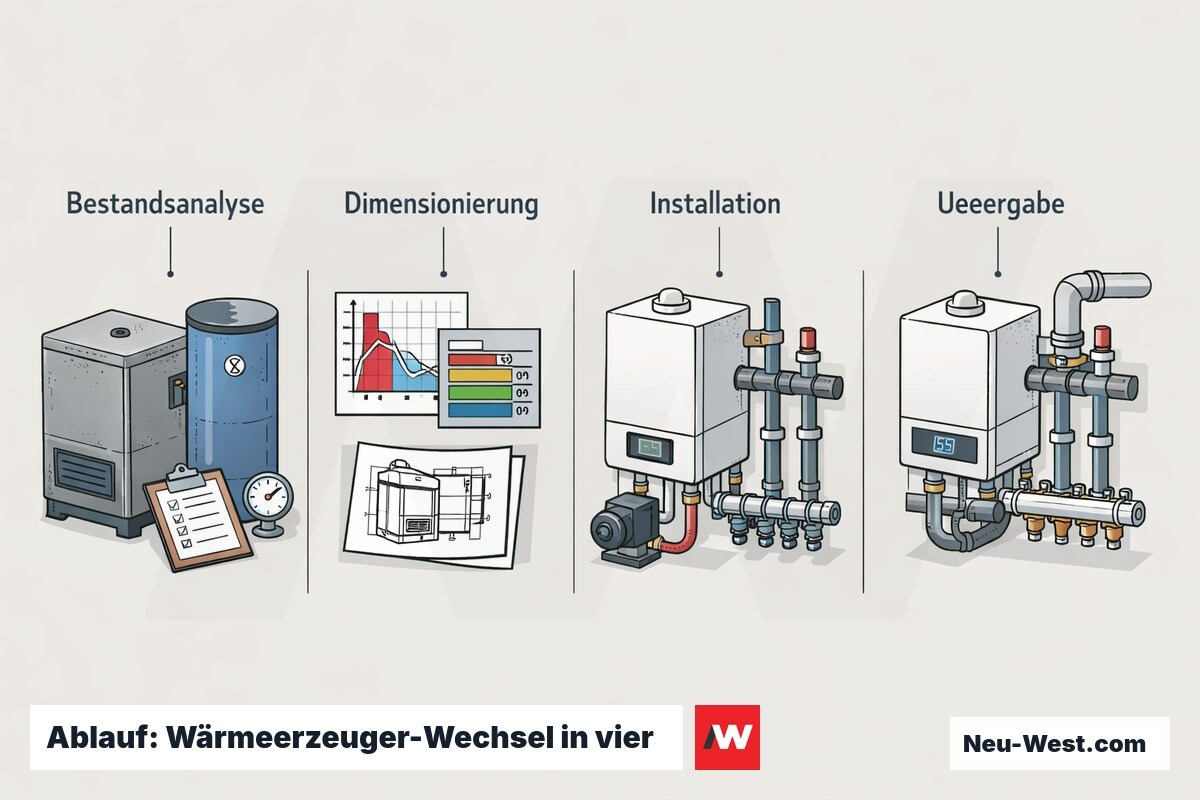 Prozess-Illustration in vier Schritten: Bestandsanalyse, Dimensionierung, Installation und betriebsbereite Übergabe eines Wärmeerzeugers.