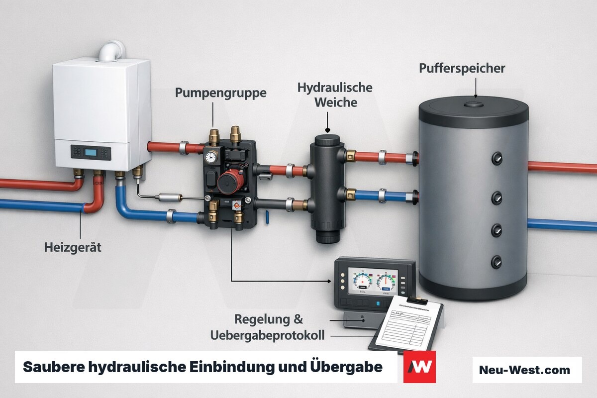 Technische Schnittdarstellung der hydraulischen Einbindung mit Pufferspeicher, Pumpengruppe, hydraulischer Weiche und Regelung mit Übergabeprotokoll.