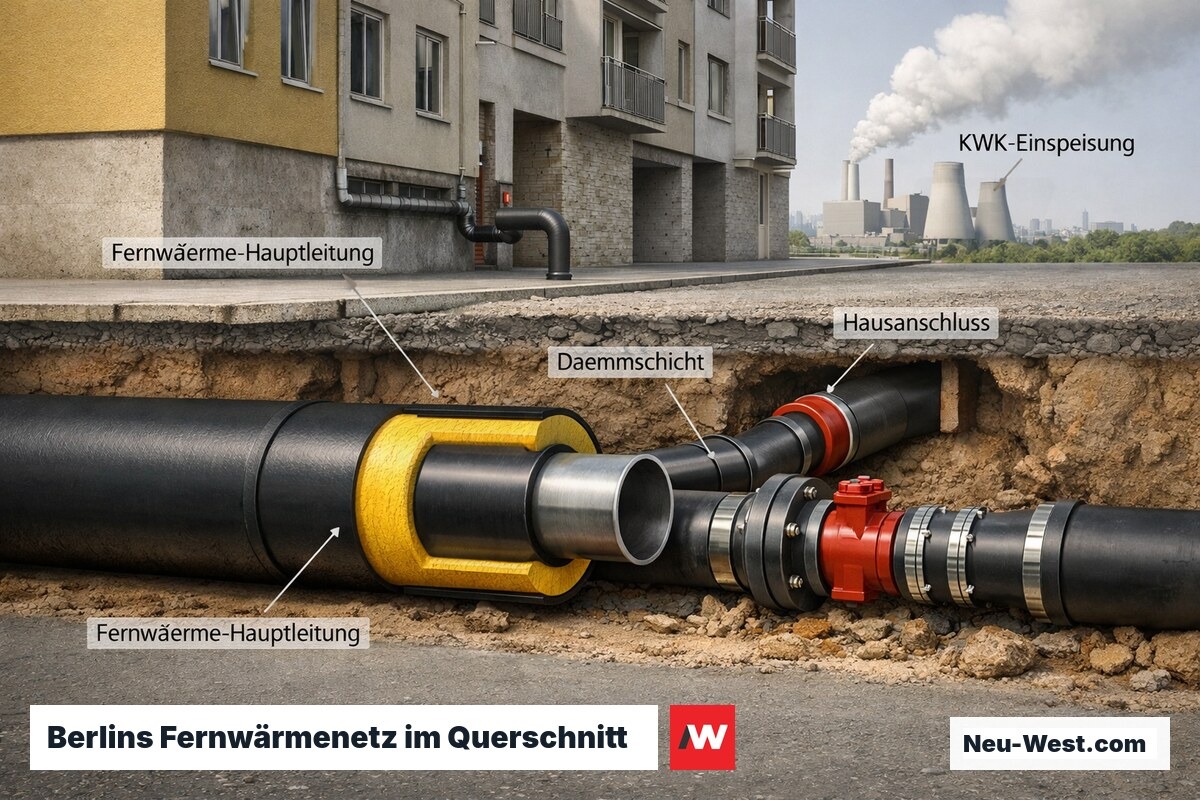 Querschnitt einer Berliner Straße zeigt erdverlegte Fernwärmeleitungen mit Dämmung und Hausanschlüssen zu Wohngebäuden.