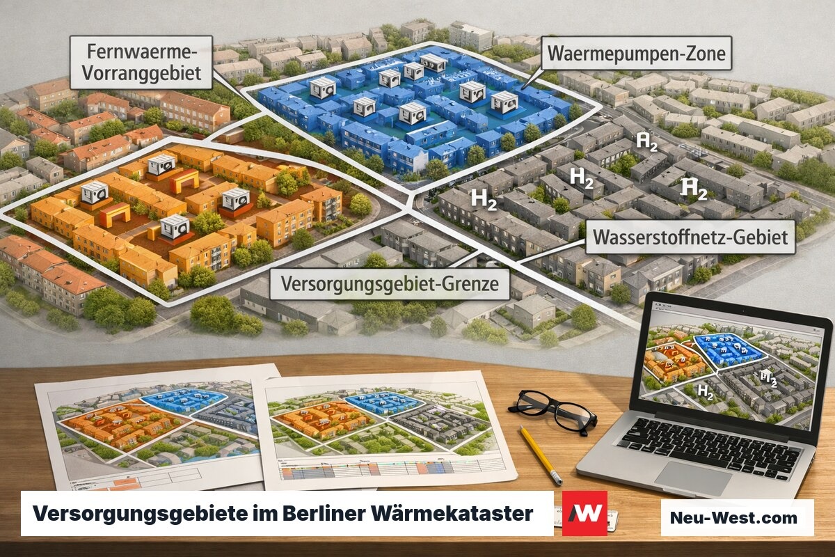 Vogelperspektive eines Berliner Quartiers mit farblich markierten Wärmeversorgungszonen für Fernwärme, Wärmepumpe und Wasserstoff.