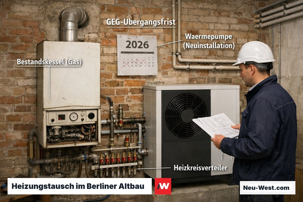 Heizungskeller eines Berliner Altbaus mit altem Gaskessel und neuer Wärmepumpe, symbolisiert die GEG-Umrüstpflicht für Eigentümer.