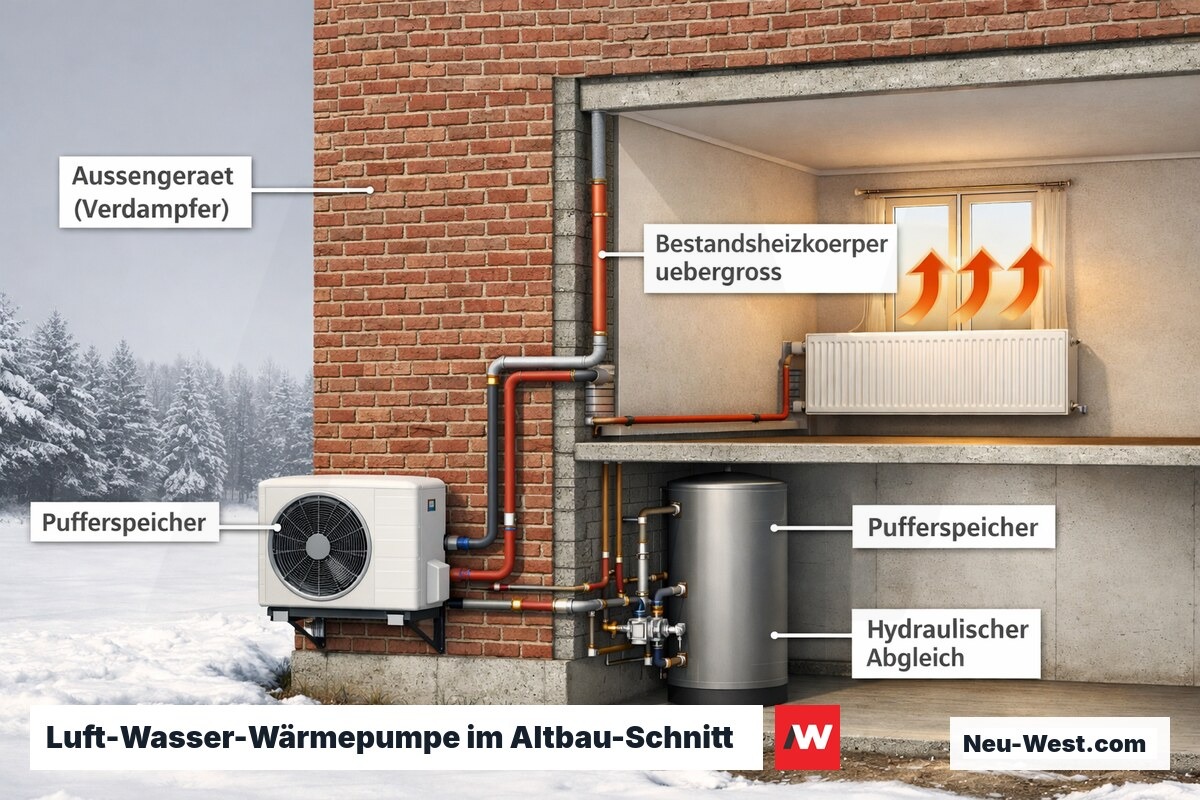Querschnitt eines unsanierten Altbaus mit Luft-Wasser-Wärmepumpe, Außengerät, Pufferspeicher und übergroßen Bestandsheizkörpern, ca. 130 Zeichen