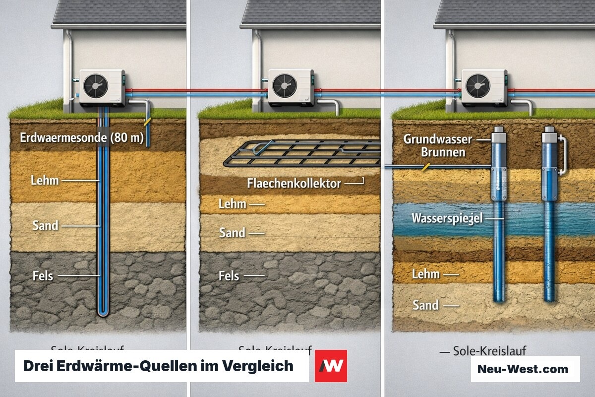 Redaktionelle Infografik zeigt Erdwärmesonde, Flächenkollektor und Grundwasserbrunnen nebeneinander im Bodenquerschnitt mit Wärmepumpenanschluss