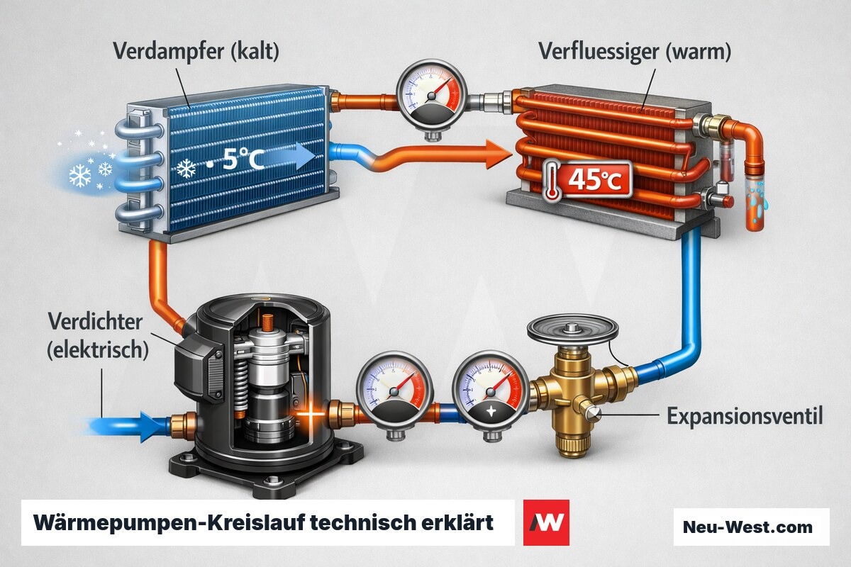 Technische Schnittdarstellung des Wärmepumpenkreislaufs mit Verdampfer, Kompressor, Verflüssiger und Expansionsventil sowie Temperatur- und Druckangab