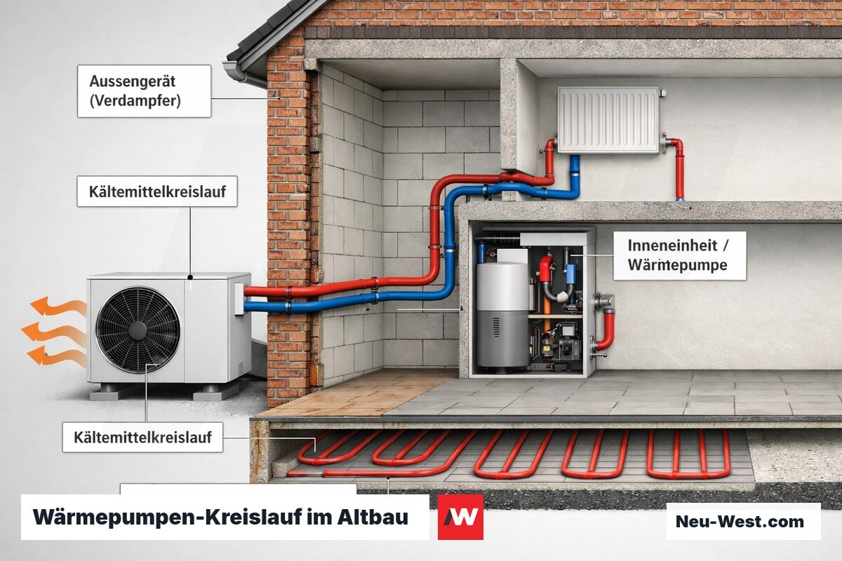 Schnittzeichnung Altbau mit Luft-Wärmepumpe: Außengerät, Kältemittelkreislauf, Inneneinheit und Wärmeverteilung über Fußbodenheizung
