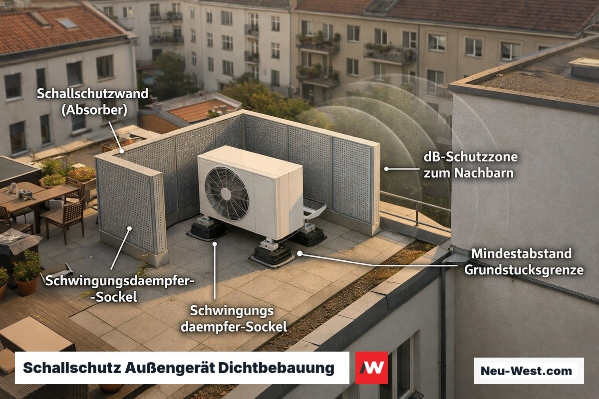 Vogelperspektive Berliner Wohnblock: Wärmepumpe auf Dach mit Schallschutzwand, Schwingungsdämpfern und eingezeichneten Lärmpegelbereichen