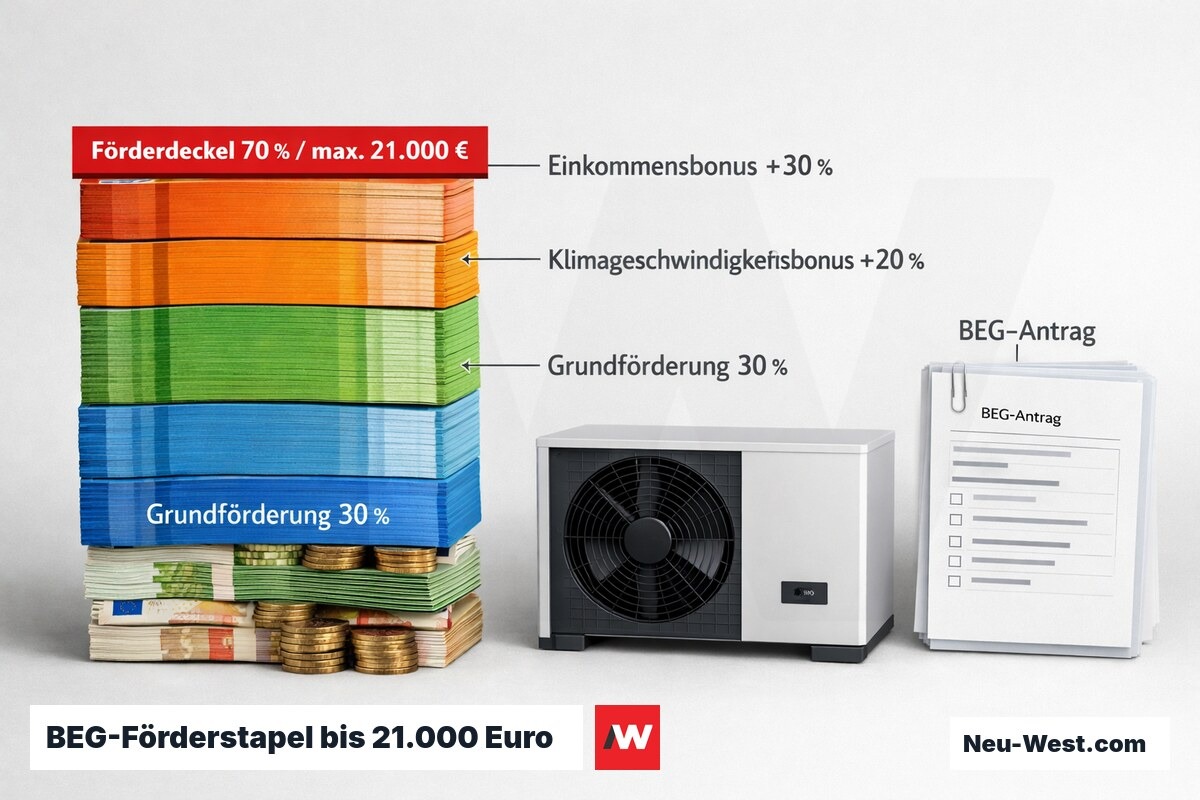 Infografik BEG-Förderkomponenten als gestapelte Balken: Grundförderung, Geschwindigkeitsbonus, Einkommensbonus und Effizienzbonus mit 70%-Deckel