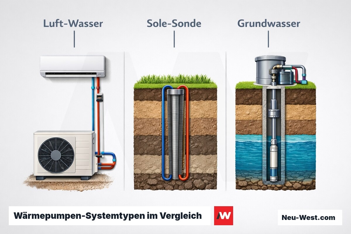 Wärmepumpen-Systemtypen im Vergleich: JAZ und Voraussetzungen – Erklär-Grafik (NEUWEST Berlin)