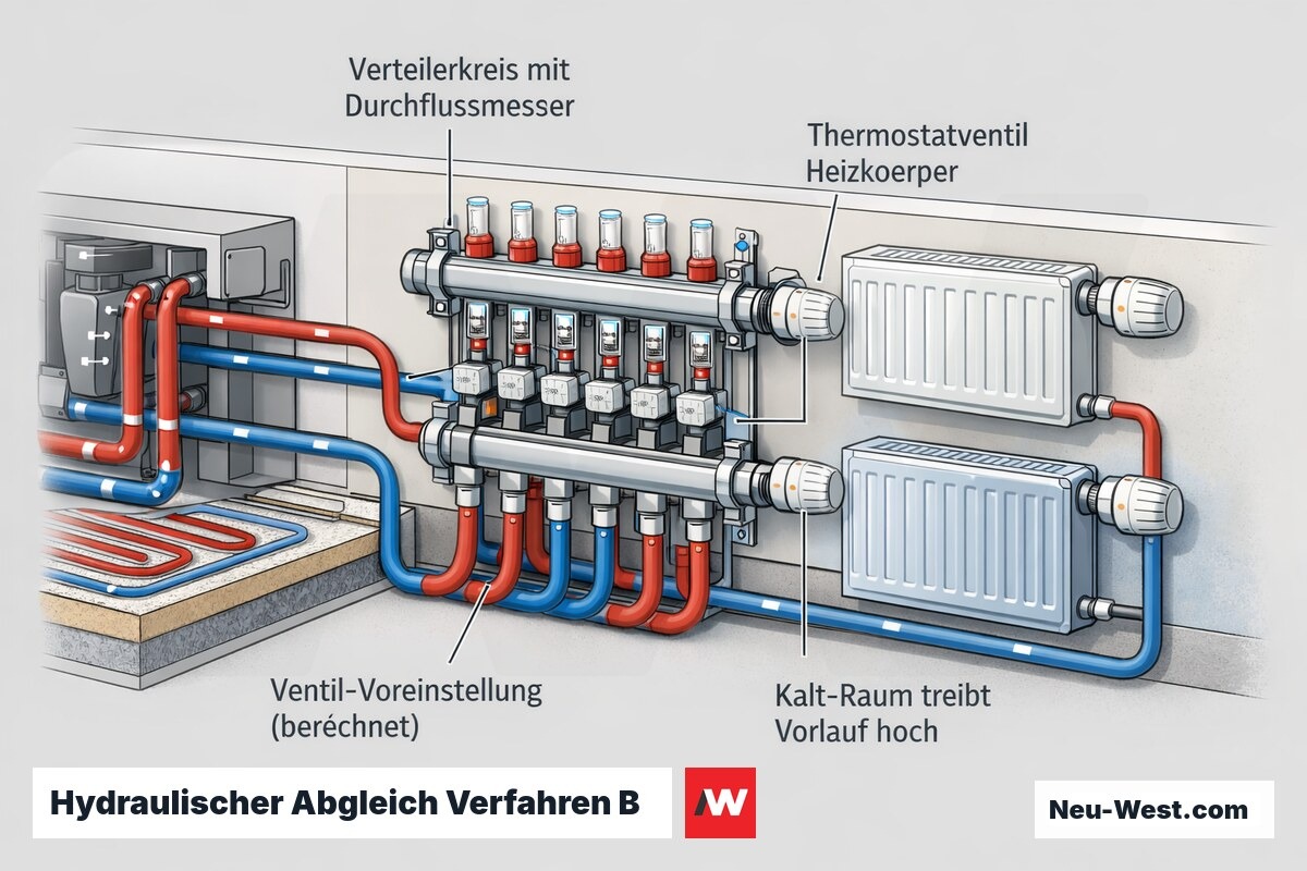Querschnitt eines Heizverteilers mit Durchflussmessern, berechneten Ventil-Voreinstellungen an Heizkörpern und Fußbodenheizkreisen sowie einem Kalt-Raum, der die Vorlauftemperatur hochtreibt.
