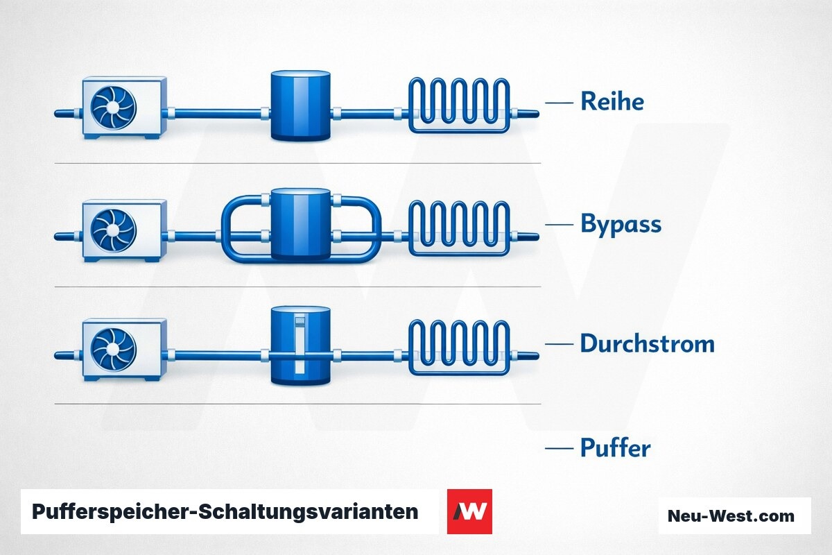 Pufferspeicher-Schaltungsvarianten: Taktschutz und Spreizung – Erklär-Grafik (NEUWEST Berlin)