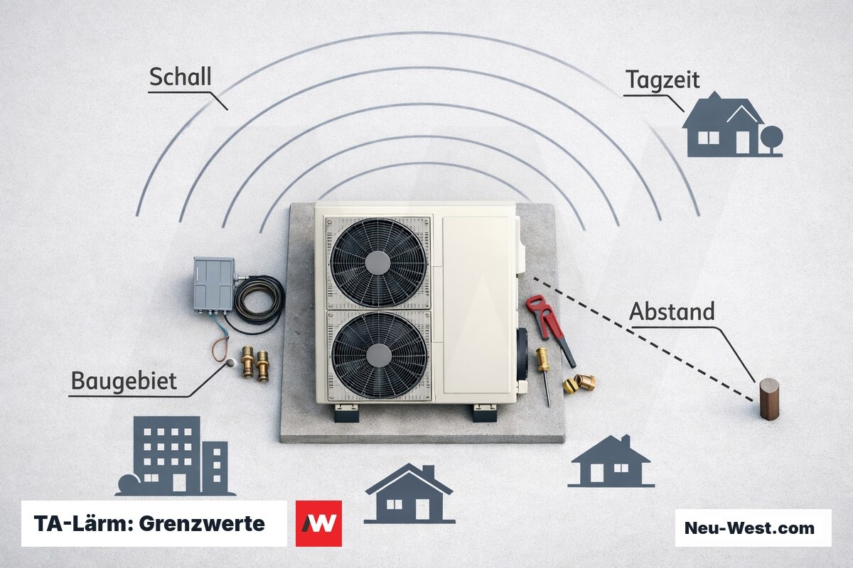 TA-Lärm: Grenzwerte für Wärmepumpen-Außengeräte nach Baugebietstyp – Erklär-Grafik (NEUWEST Berlin)