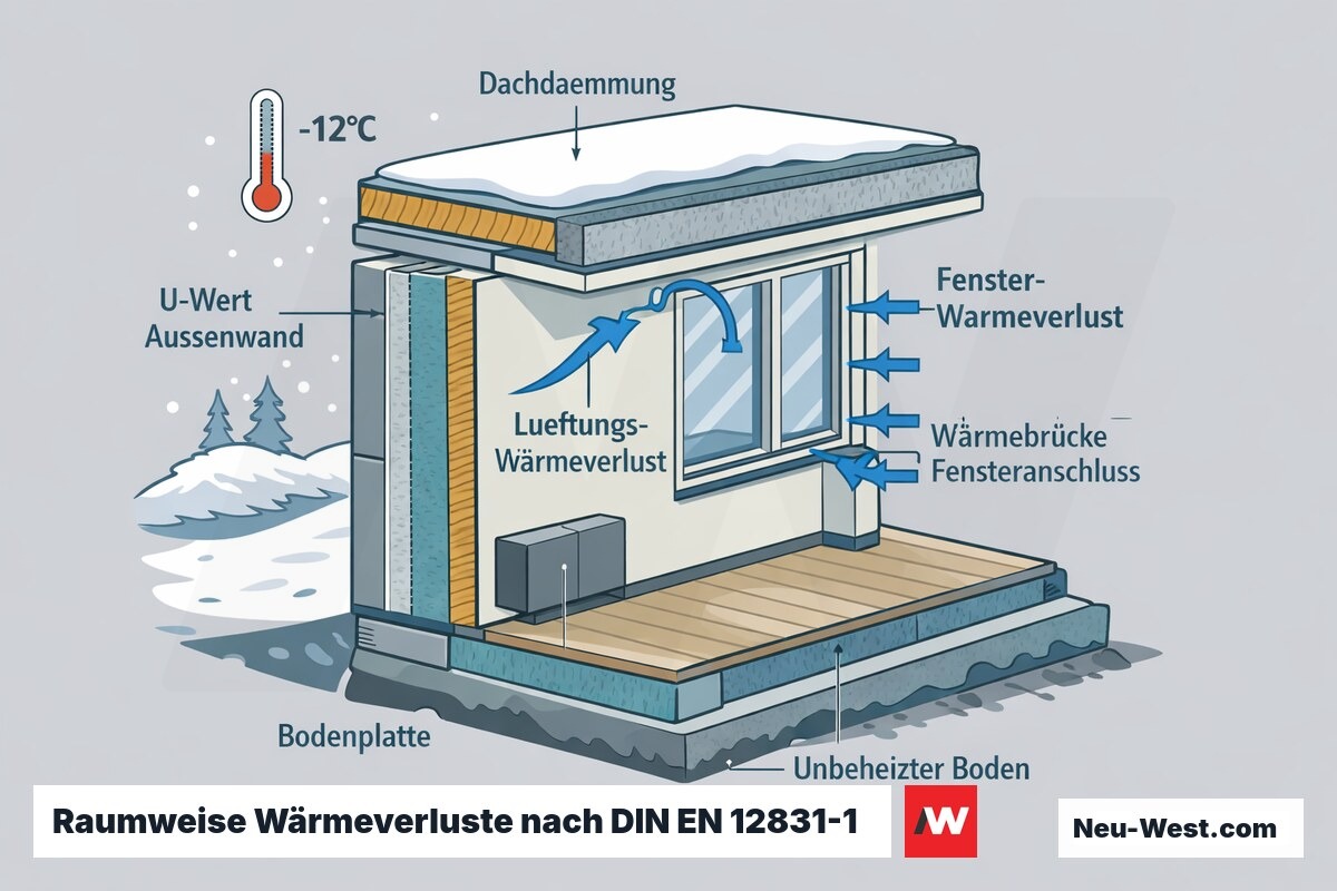 Cutaway eines sanierten Raums mit Wärmeverlusten über Außenwand, Fenster, Wärmebrücke und Lüftung bei −12 °C Normaußentemperatur Berlin.