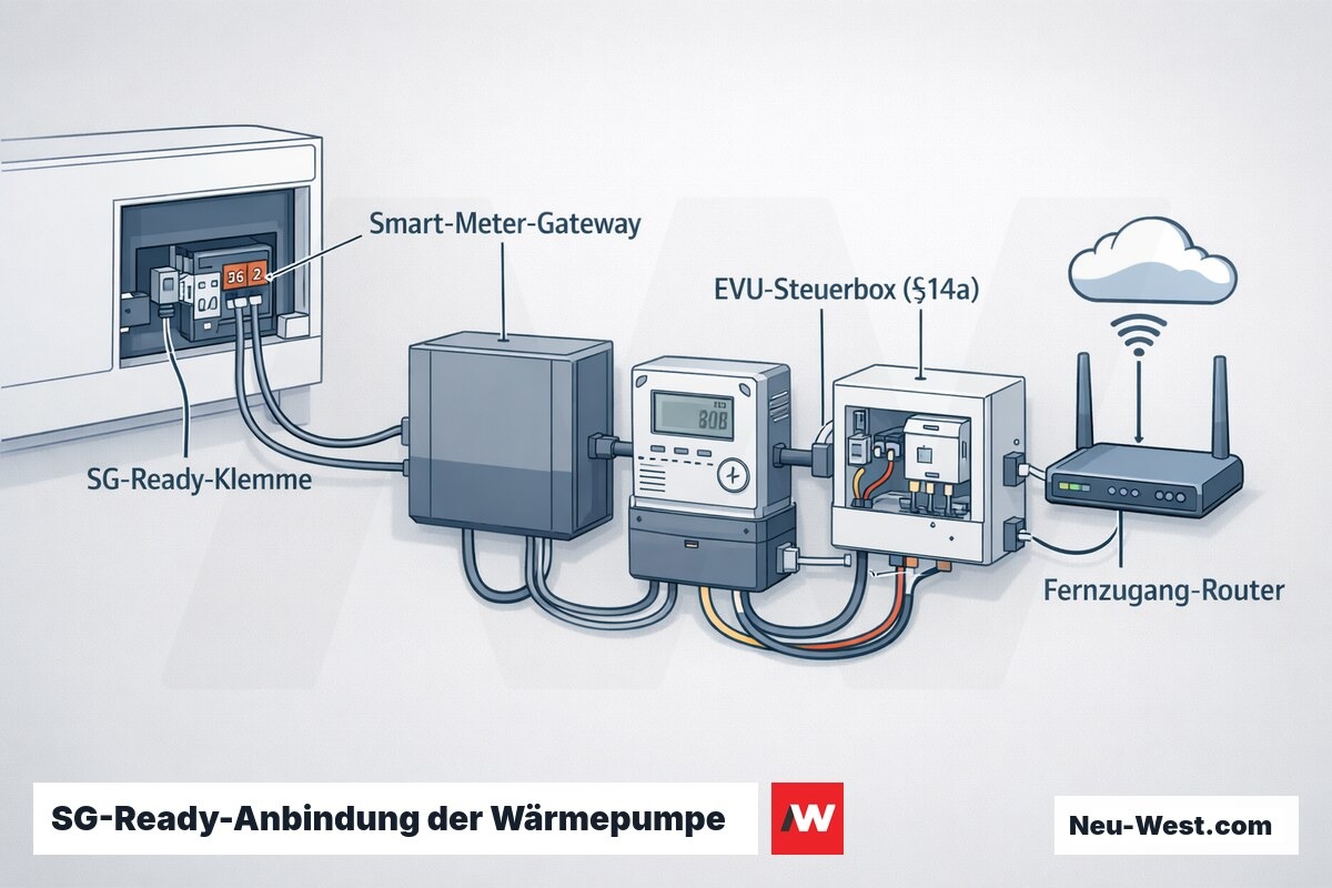 Schema der SG-Ready-Anbindung einer Wärmepumpe mit Smart-Meter-Gateway, EVU-Steuerbox nach §14a EnWG und Fernzugang-Router.
