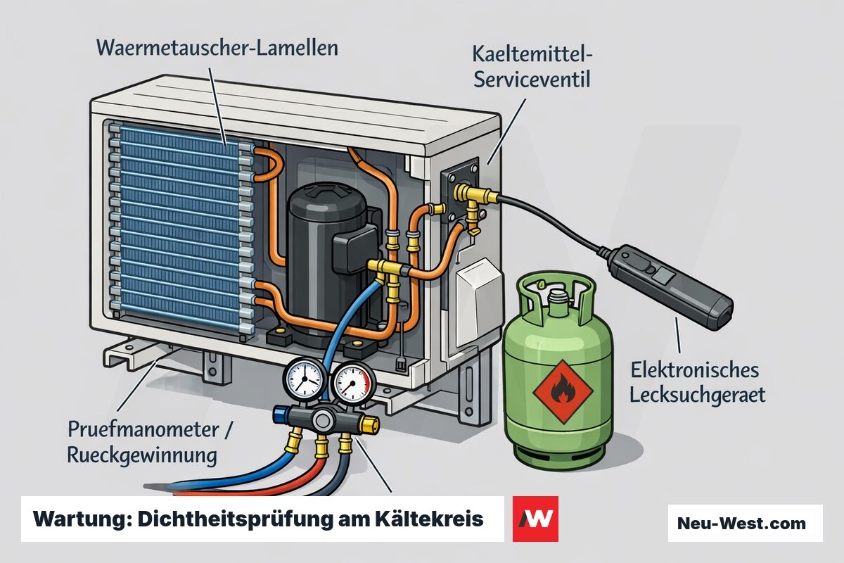 Cutaway-Illustration einer Wärmepumpen-Außeneinheit mit Kältekreis, Serviceventil, Prüfmanometer und Lecksuchgerät für die jährliche Dichtheitsprüfung.