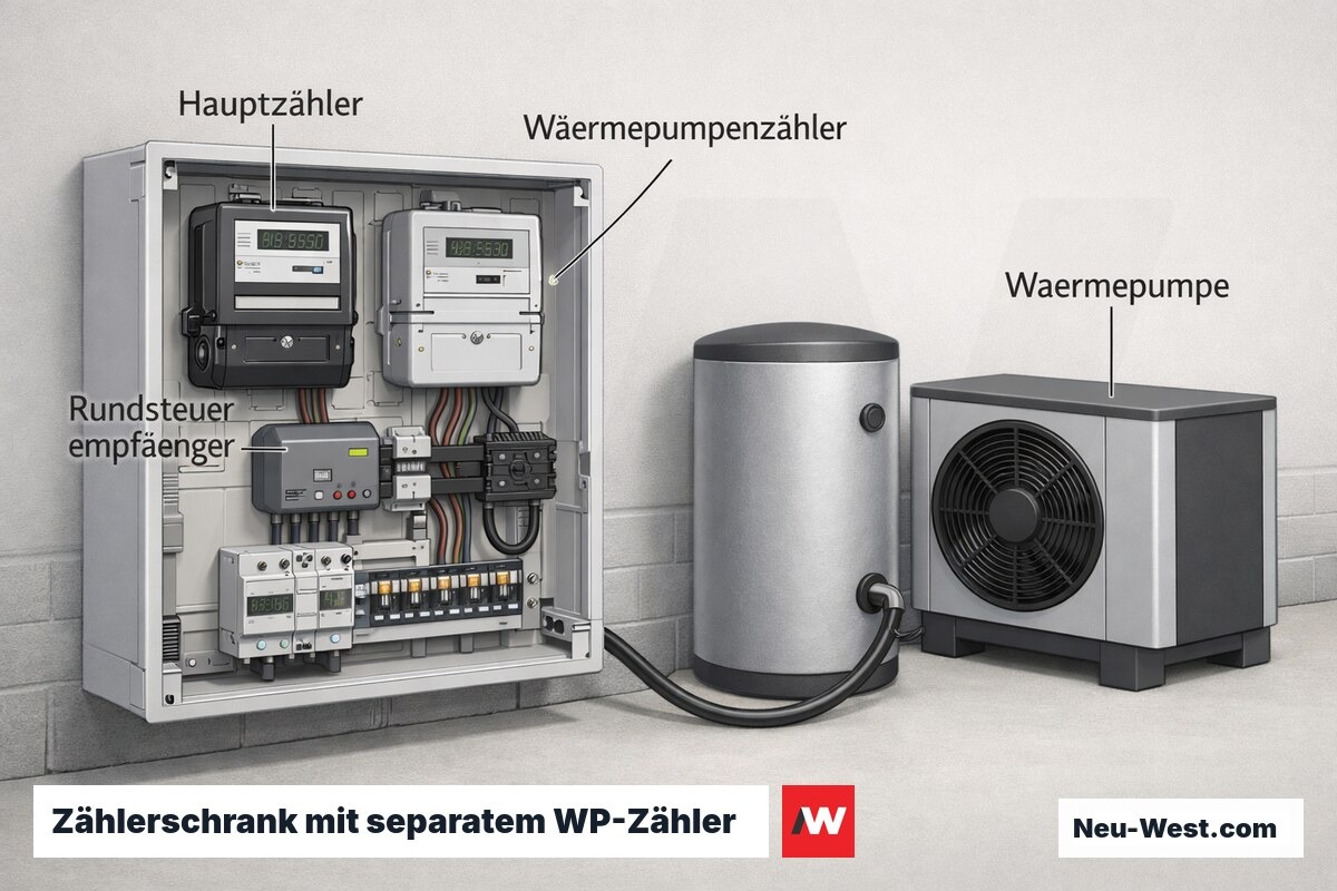Cutaway des Zählerschranks mit Hauptzähler, separatem Wärmepumpenzähler und Rundsteuerempfänger zur 50-Prozent-Leistungssteuerung der Wärmepumpe.