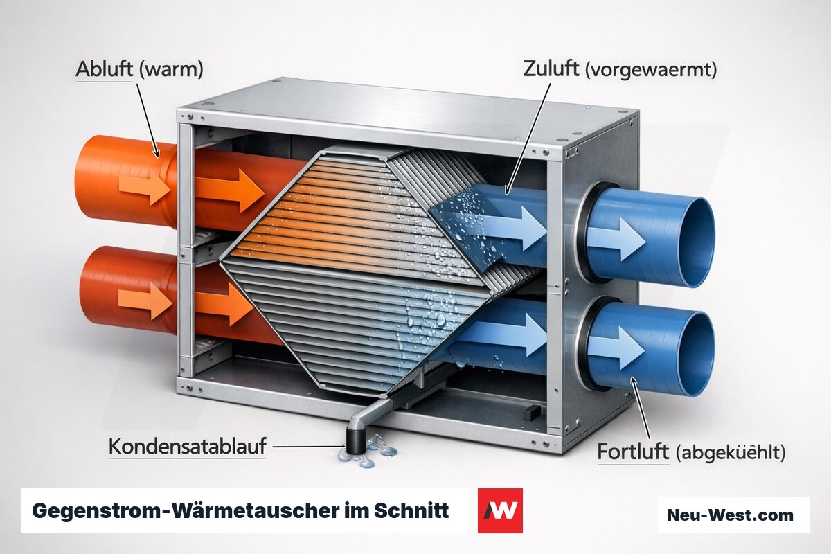 Schnittdarstellung eines Gegenstrom-Wärmetauschers mit zwei gegenläufigen Luftkanälen, Kondensatbildung und Ablaufrohr