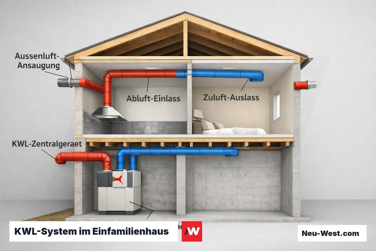 Querschnitt eines Einfamilienhauses mit eingezeichnetem KWL-Lüftungsnetz, farbig markierten Zu- und Abluftkanälen und zentralem Gerät