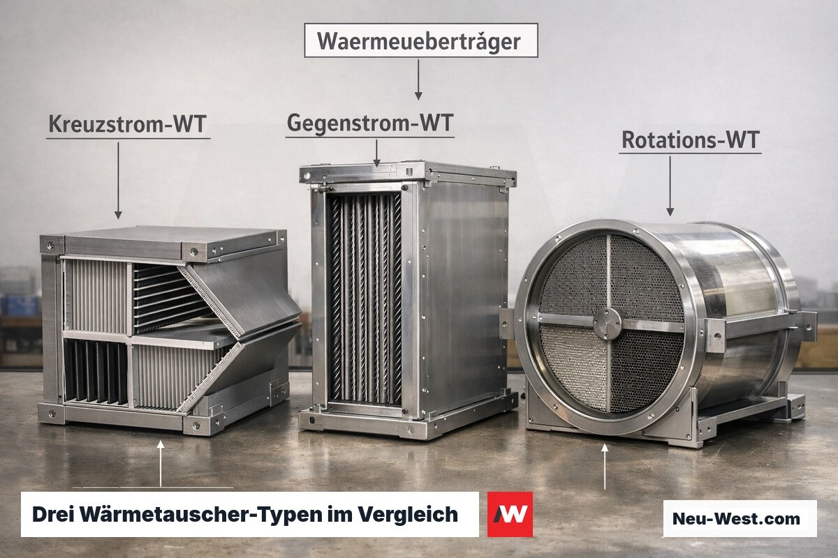 Drei nebeneinander liegende Wärmetauscher-Typen: Kreuzstrom, Gegenstrom und Rotationswärmetauscher im technischen Vergleich