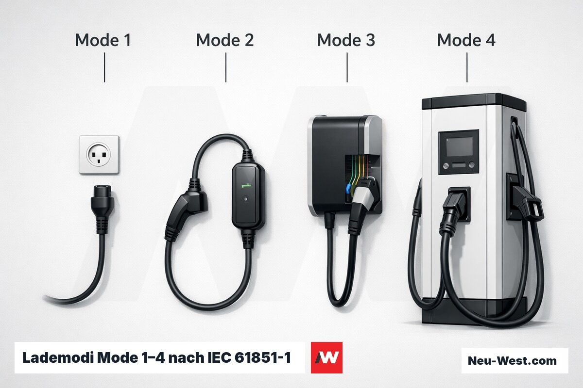 Lademodi Mode 1–4 nach IEC 61851-1 – Erklär-Grafik (NEUWEST Berlin)