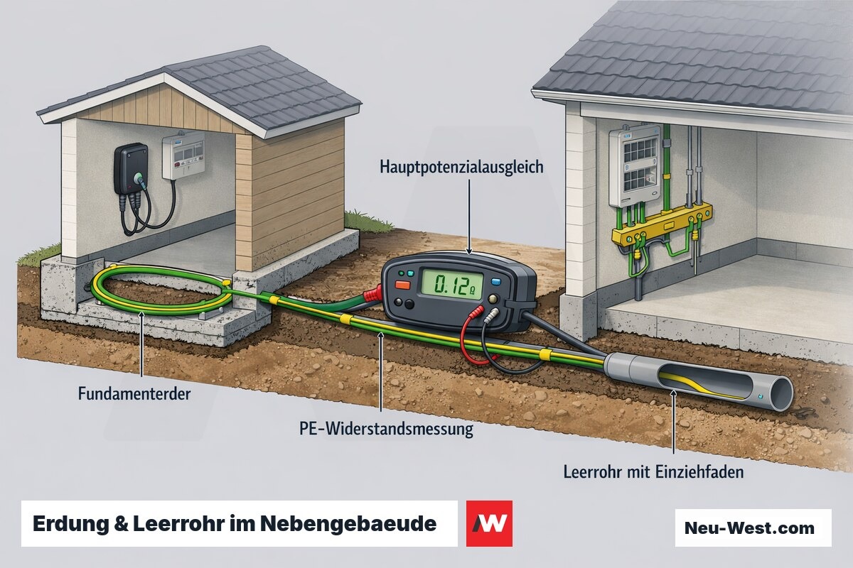 Querschnitt Nebengebaeude mit Wallbox: Fundamenterder, Potenzialausgleich, PE-Widerstandsmessung zum Hauptgebaeude und Leerrohr mit Einziehfaden.