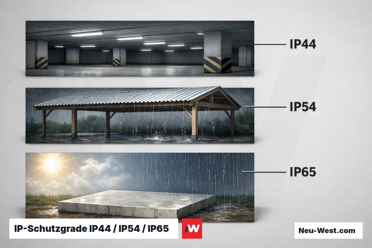 IP-Schutzgrade IP44 / IP54 / IP65 – Einsatzbereiche im Vergleich – Erklär-Grafik (NEUWEST Berlin)