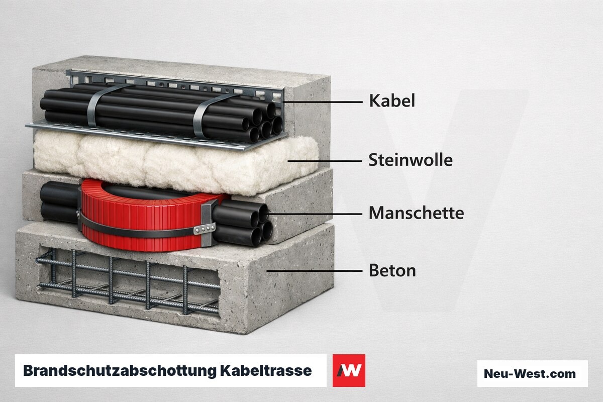 Brandschutzabschottung Kabeltrasse in Tiefgaragen: EI30 / EI60 / EI90 – Erklär-Grafik (NEUWEST Berlin)