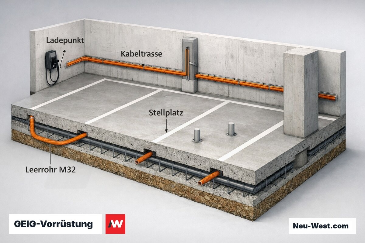 Cutaway eines Parkgeschosses: Leerrohre M32 im Boden je Stellplatz, Kabeltrasse zur Unterverteilung und ein betriebsbereiter Ladepunkt nach GEIG.