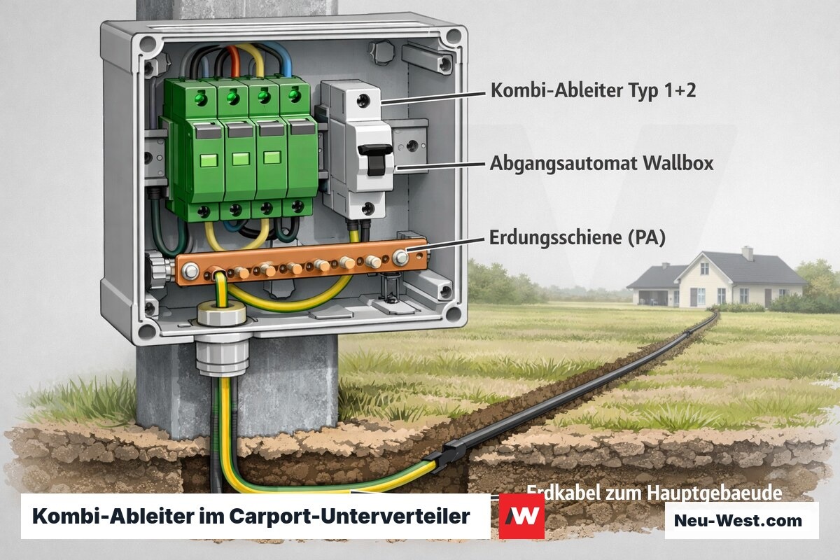 Cutaway eines Carport-Unterverteilers mit kombiniertem Typ-1+2-Überspannungsableiter, Wallbox-Abgangsautomat, Erdungsschiene und langem Erdkabel zum Hauptgebäude.