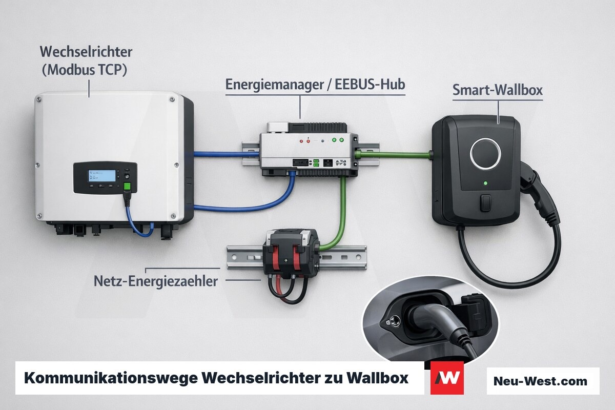 Schema-Illustration: Wechselrichter, Energiemanager-Hub und Smart-Wallbox über Modbus- und EEBUS-Datenleitungen für PV-Überschussladen verbunden.