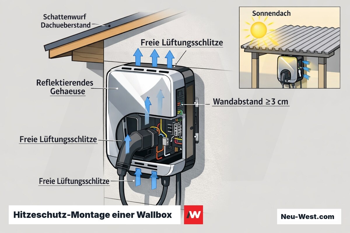 Querschnitt einer wandmontierten Wallbox mit Dachueberstand-Schatten, reflektierendem Gehaeuse, freien Lueftungsschlitzen und Wandabstand zur Kuehlung.