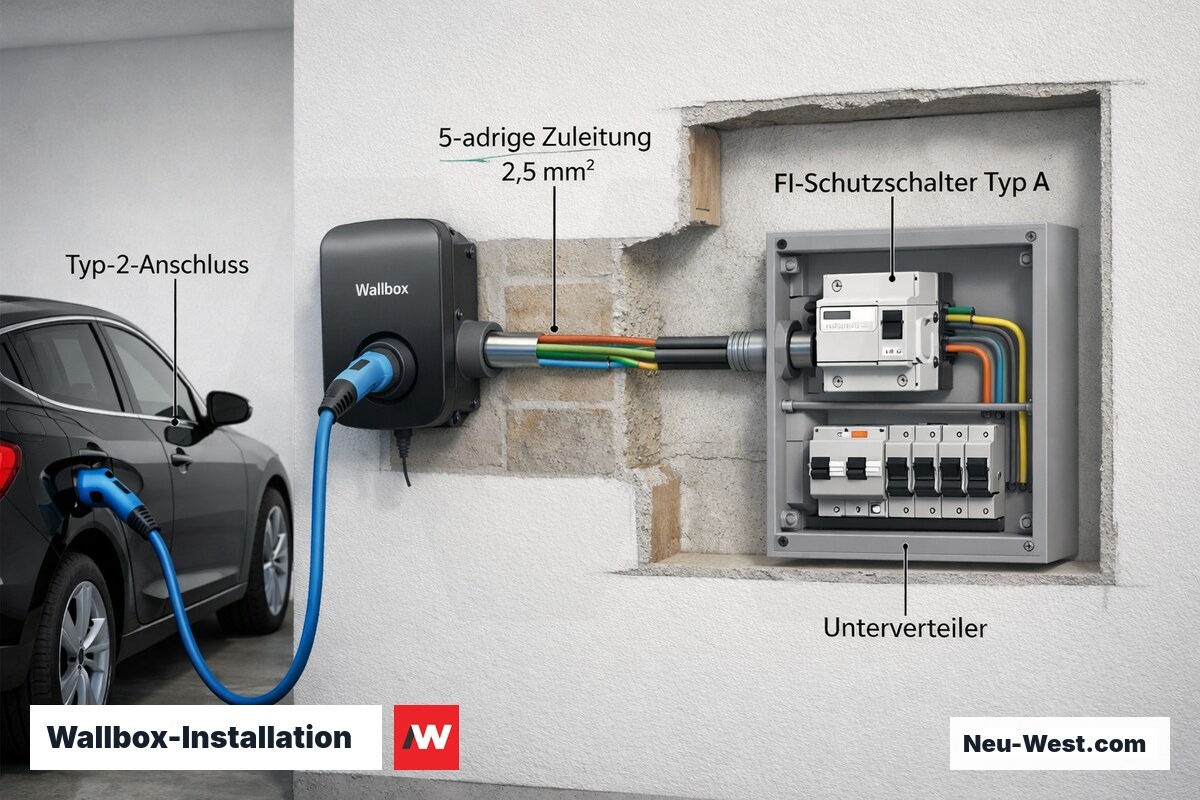 Querschnitt einer Garagenwand mit eingebauter Wallbox, Kabelführung, FI-Schutzschalter und Unterverteiler im Schnitt