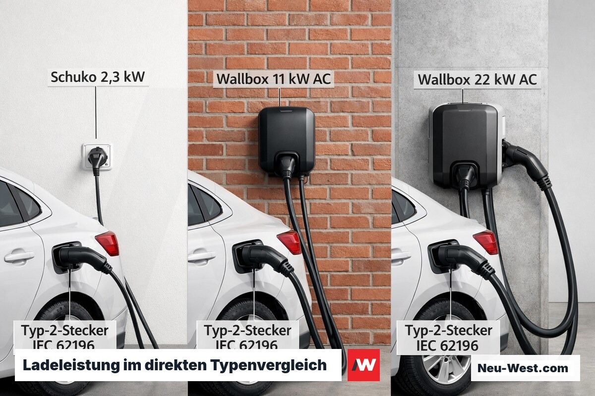 Vergleich von Schuko-Steckdose, 11-kW- und 22-kW-Wallbox nebeneinander mit unterschiedlichen Kabelquerschnitten