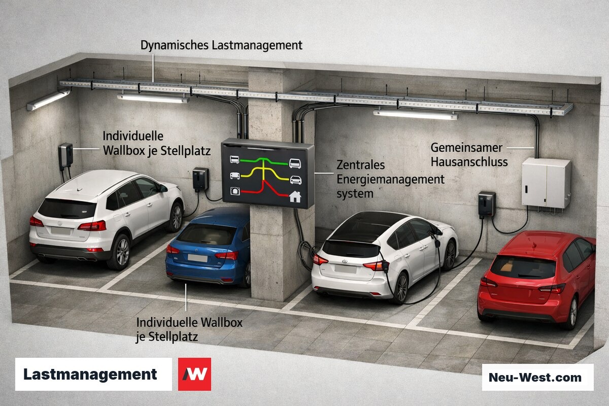 Tiefgarage mit vier Wallboxen, zentralem Lastmanagement-Controller und Kabeltrasse an der Decke in Vogelperspektive