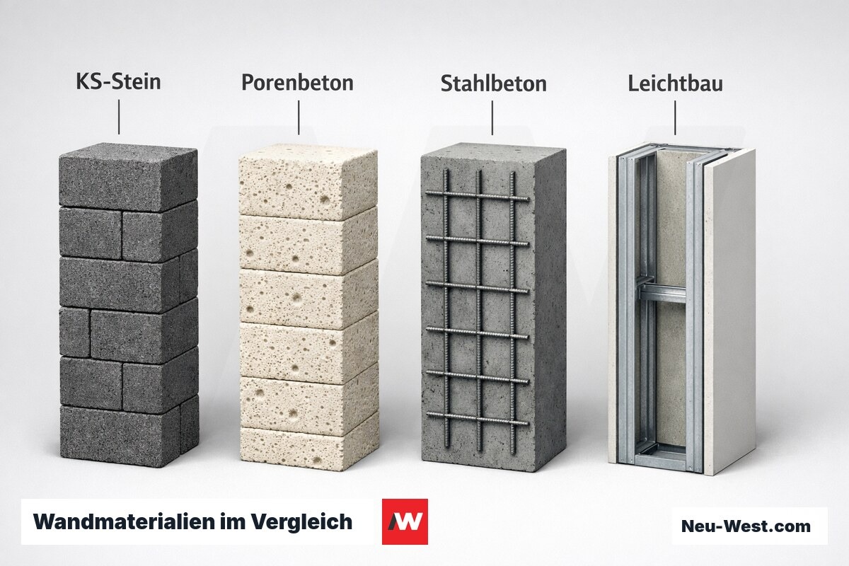 Wandmaterialien im Vergleich: Rohdichte, Abbruchwerkzeug, Recycling – Erklär-Grafik (NEUWEST Berlin)