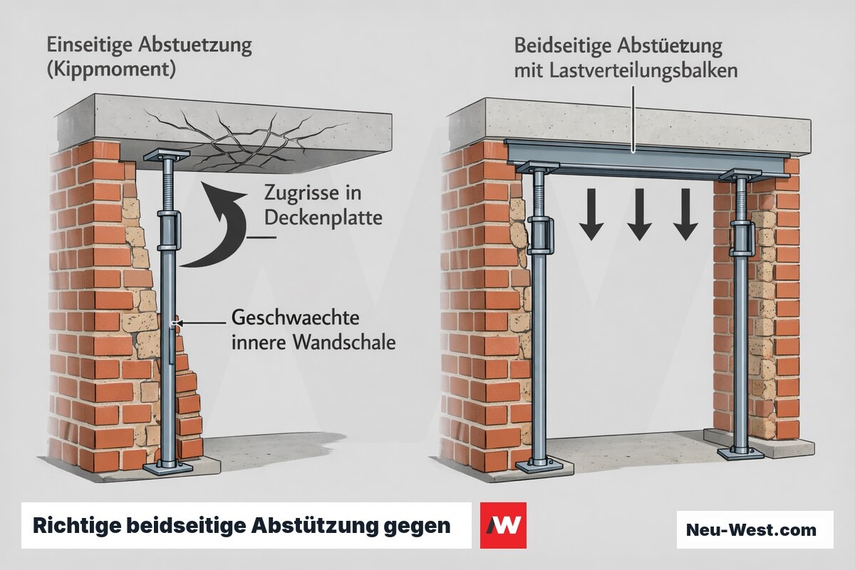 Querschnitt: falsche einseitige Abstützung mit Zugrissen versus korrekte beidseitige Abstützung mit Lastverteilungsbalken an mehrschaliger Wand