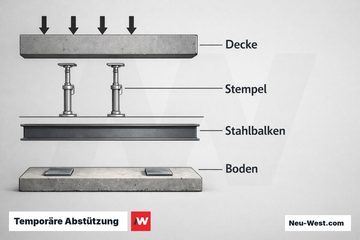 Temporäre Abstützung: Lastpfad und Regelabstände – Erklär-Grafik (NEUWEST Berlin)