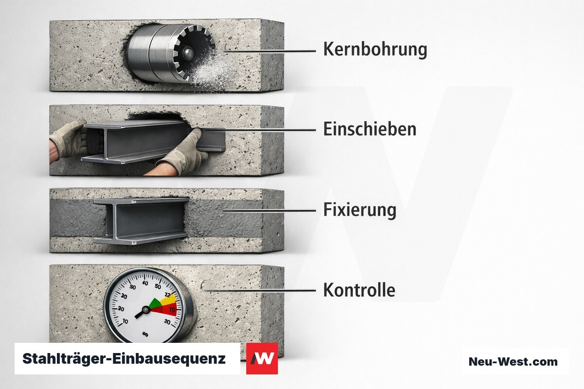 Stahlträger-Einbausequenz: Kernbohrung bis Lastabtrag – Erklär-Grafik (NEUWEST Berlin)