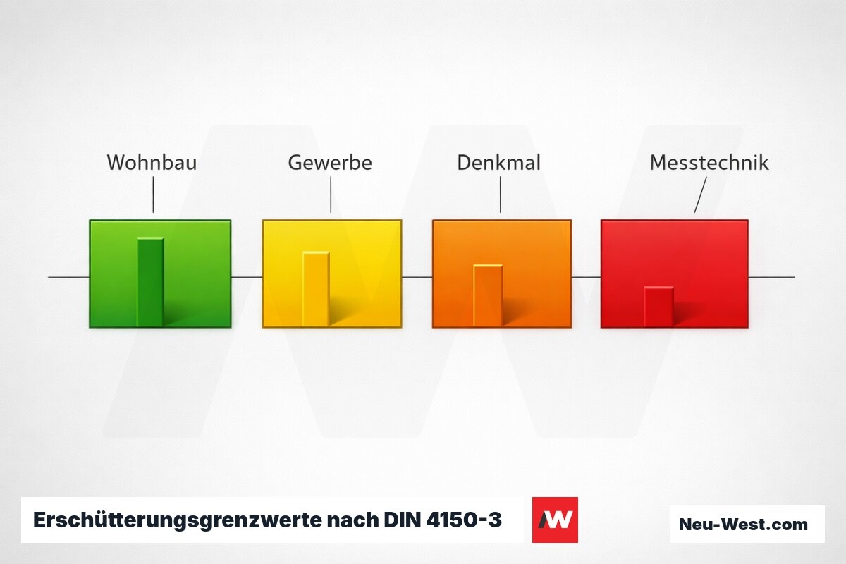 Erschütterungsgrenzwerte nach DIN 4150-3 (Schwinggeschwindigkeit v in mm/s) – Erklär-Grafik (NEUWEST Berlin)