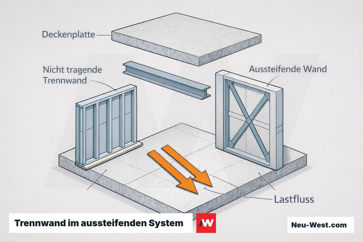 Erklär-Grafik: nicht tragende Trennwand als Teil eines aussteifenden Wandsystems mit Lastfluss zur tragenden Wand und Deckenplatte.