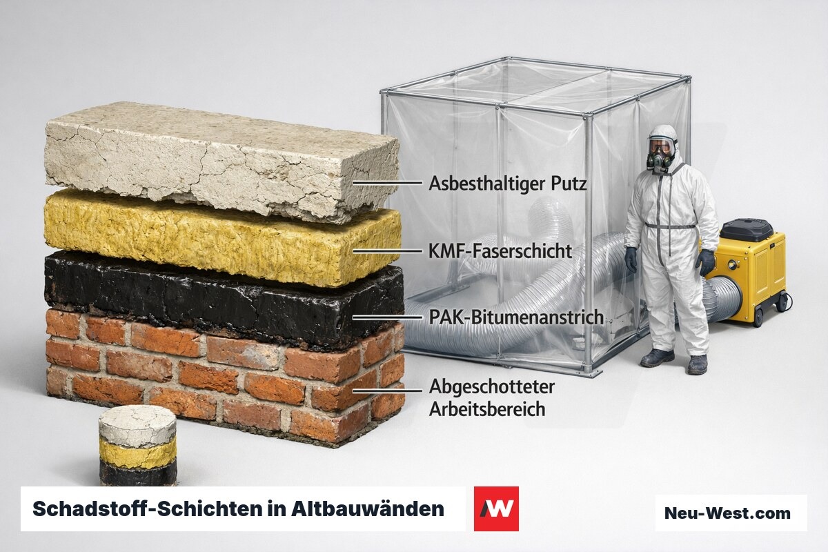 Querschnitt einer Altbauwand mit Asbestputz, KMF- und PAK-Bitumenschicht sowie abgeschottetem Arbeitsbereich mit Unterdruckhaltung nach TRGS 519.