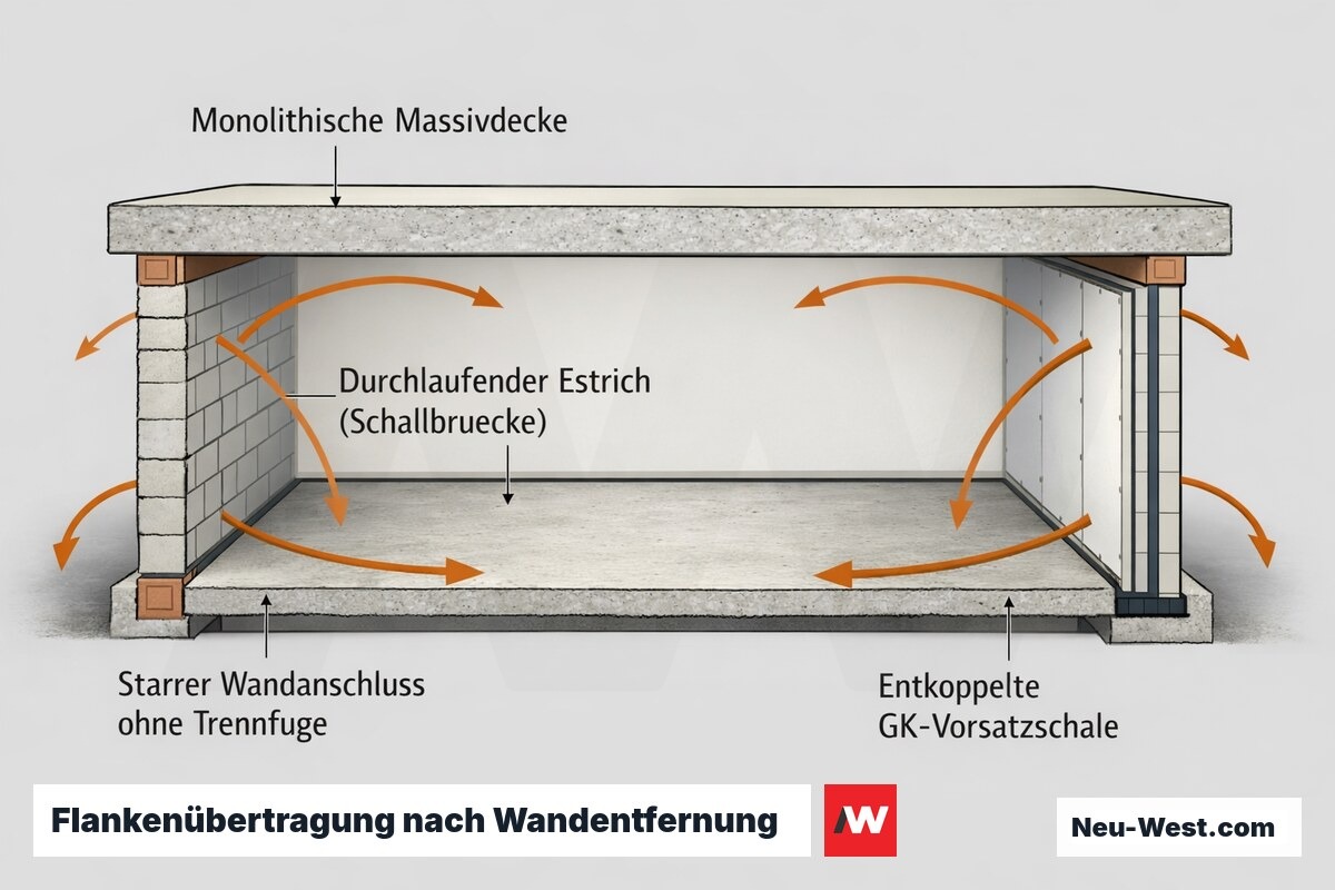 Querschnitt zeigt flankierende Schallwege über durchlaufenden Estrich, Massivdecke und starre Wandanschlüsse in den Nachbarraum sowie entkoppelte GK-Vorsatzschale.