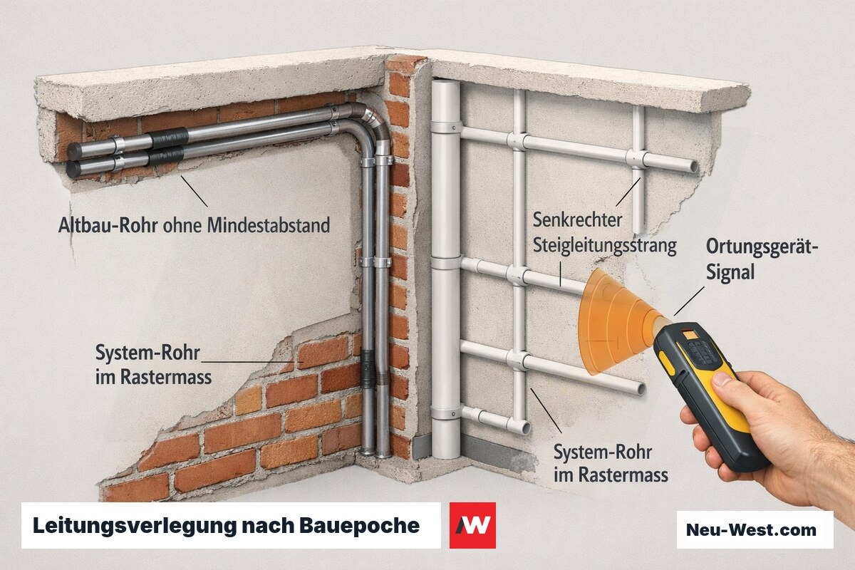 Cutaway-Querschnitt zweier Wände: Altbau-Rohre ohne Mindestabstand, Neubau-Systemrohre im Raster, senkrechter Steigleitungsstrang im Eckbereich mit Ortungsgerät-Signal.