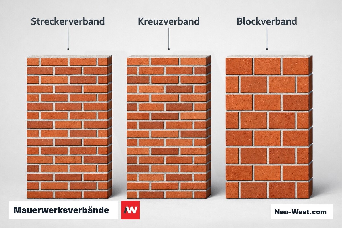 Mauerwerksverbände: Strecker-, Kreuz- und Blockverband nach EC6 – Erklär-Grafik (NEUWEST Berlin)