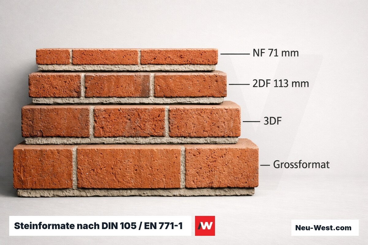 Steinformate nach DIN 105 / EN 771-1: NF bis Großformat im Maßstab – Erklär-Grafik (NEUWEST Berlin)