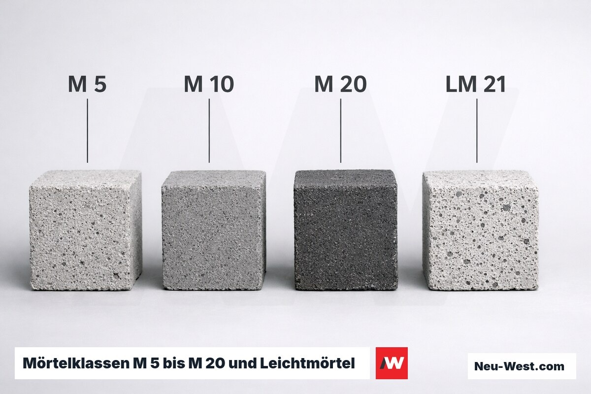 Mörtelklassen M 5 bis M 20 und Leichtmörtel LM 21 im Vergleich – Erklär-Grafik (NEUWEST Berlin)