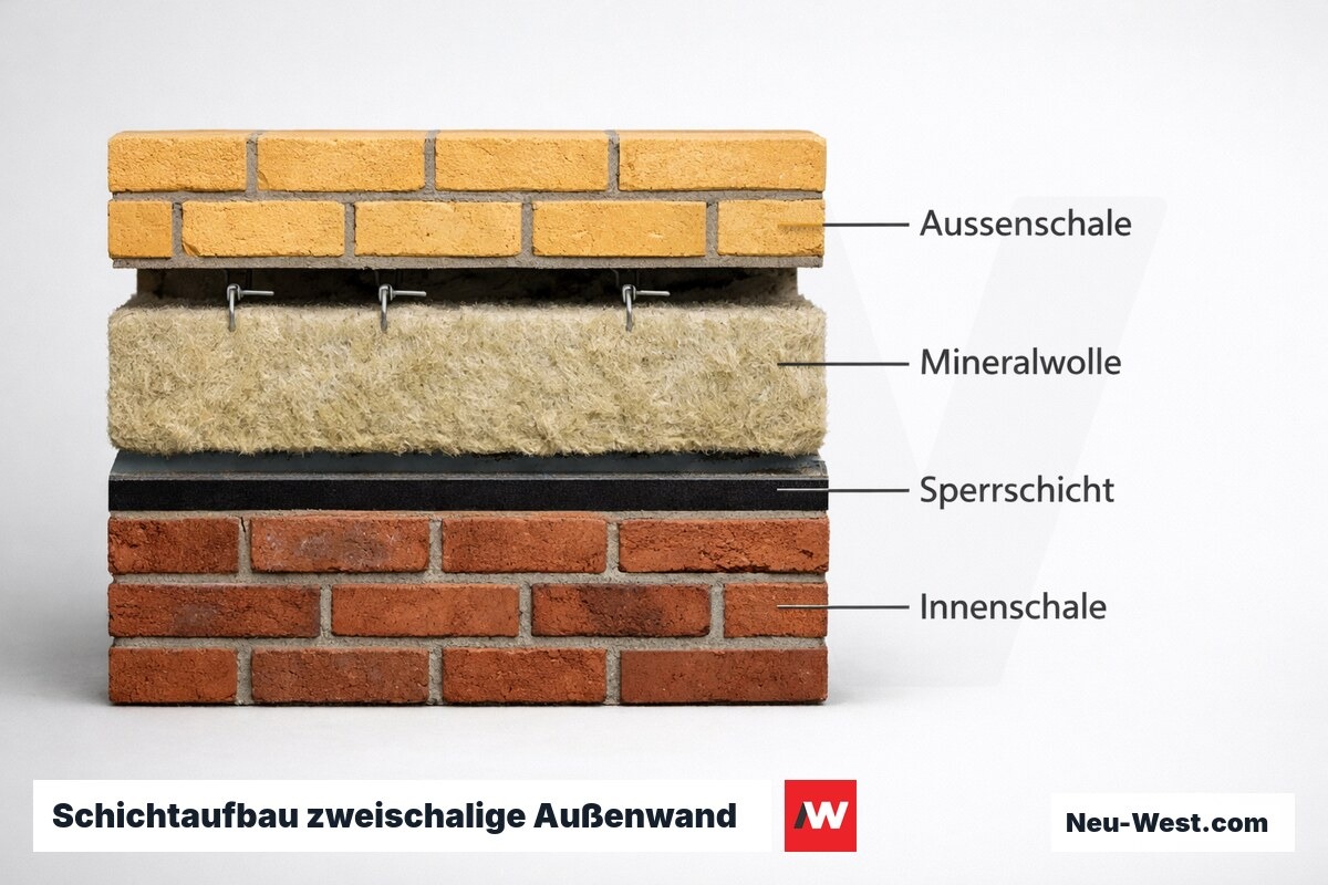 Schichtaufbau zweischalige Außenwand mit Kerndämmung nach DIN EN 1996-2 – Erklär-Grafik (NEUWEST Berlin)
