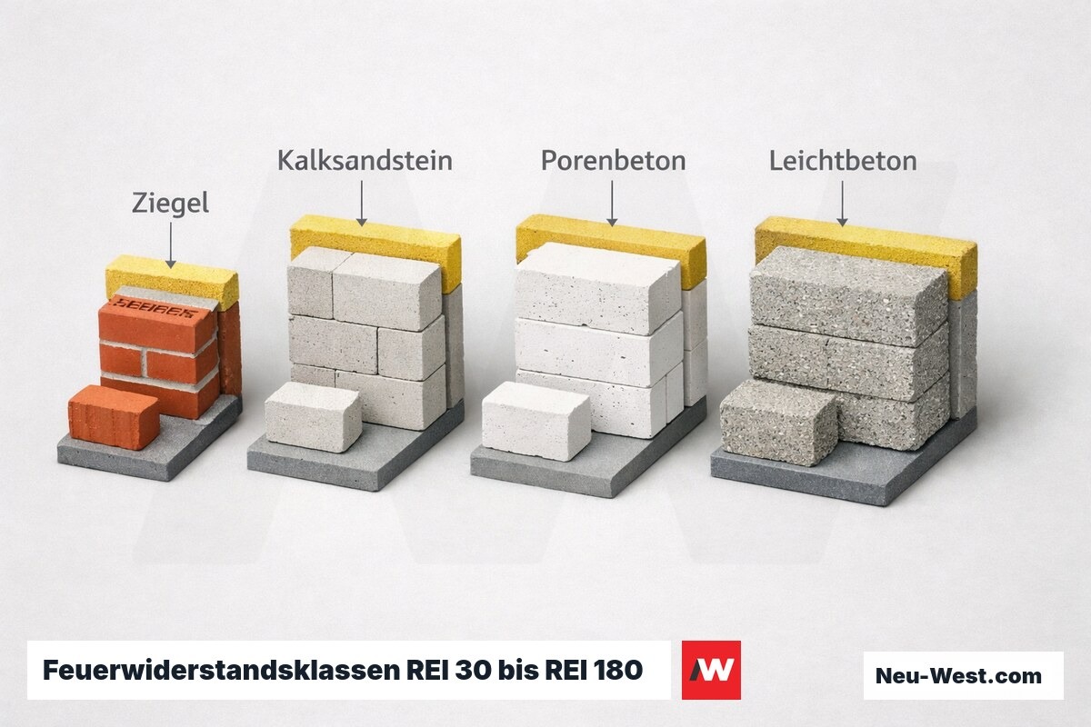 Feuerwiderstandsklassen REI 30 bis REI 180: Mindestwanddicken nach DIN EN 1996-1-2 – Erklär-Grafik (NEUWEST Berlin)
